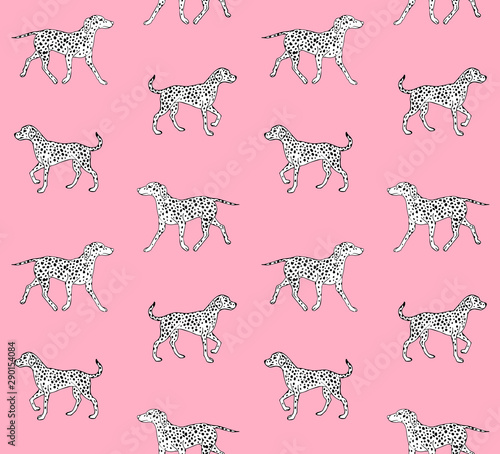 Vector seamless pattern of hand drawn sketch doodle Dalmatian dog isolated on pink background