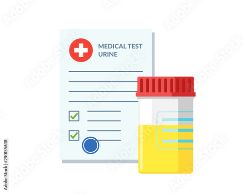 Plastic jar urine test and medical form list with results data and approved check mark vector illustration. Flat clinical checklist document with urinalysis. Insurance or medicine service concept