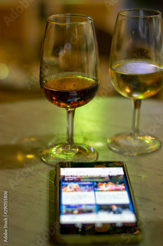 Always online and sherry wine tasting, selection of different jerez fortified wines made from palamino, pedro ximenez and muscat white grapes, El Puerto de Santa Maria, Andalusia, Spain photo