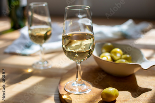 Sherry wine tasting, dry fino  jerez fortified wine made from palamino white grapes, El Puerto de Santa Maria, Andalusia, Spain