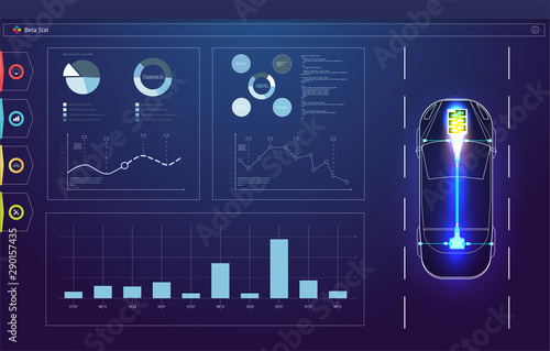Concept for driver assistance systems. Autonomous car. Driverless car. Self driving vehicle. modern design weekly and annual statistics graphs. Cars statistic, web design, UI elements. 