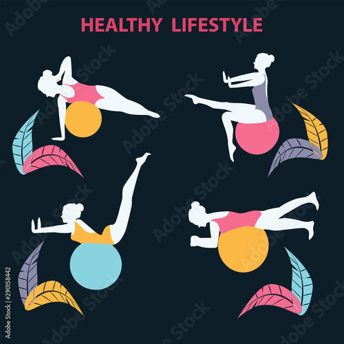 Fitball - Exercises on a bouncy ball - silhouettes of girls - vector. Healthy lifestyle. Pilates. Fitness. Yoga. Aerobics.