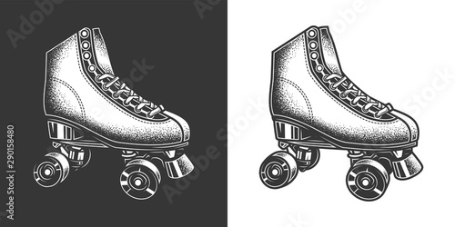 Original monochrome vector illustration in retro style. Vintage roller skates