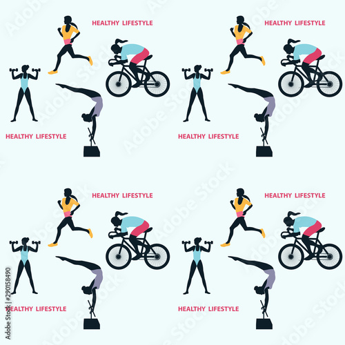 Sports pattern - women - running, dumbbells, bicycle, parallel bars - vector. Healthy lifestyle