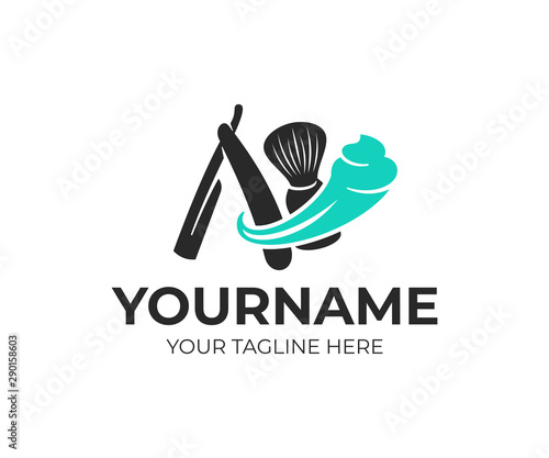 Shaving, shaving brush and straight razor with shaving foam, logo design. Beauty salon, barber, barbershop and hairdresser , vector design and illustration