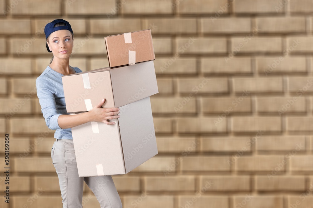Obraz na plátně Man with cardboard boxes on background