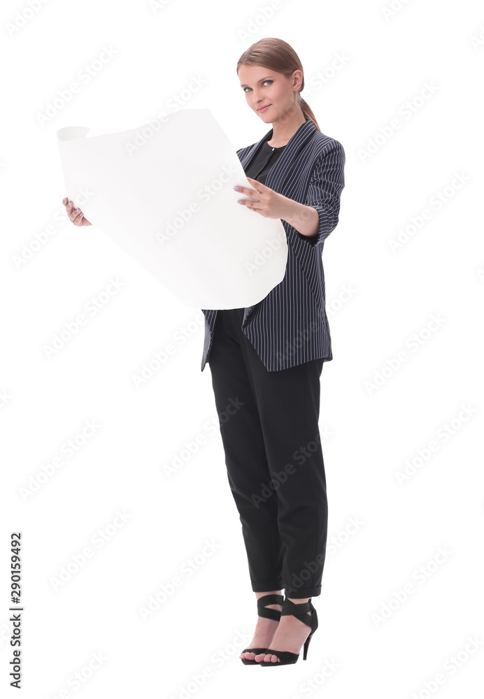 young business woman looking at sketches of new project . isolated on white young business woman looking at sketches of new project . isolated on white