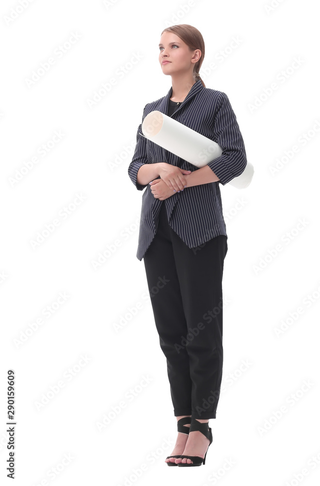 confident young business woman with drawings for a new project confident young business woman with drawings for a new project