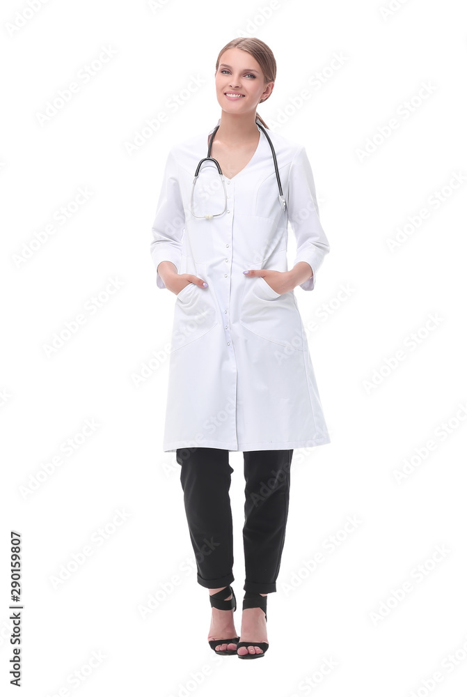 in full growth.young woman doctor with stethoscope. in full growth.young woman doctor with stethoscope.