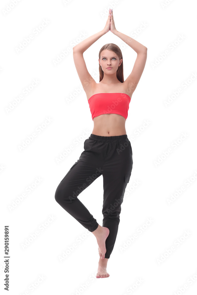 young woman performing fitness exercises . isolated on white young woman performing fitness exercises . isolated on white