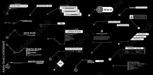 Callouts titles set. HUD style. Futuristic callout bar labels, information call box bars and modern digital info boxes layout templates. Interface elements HUD, UI, GUI. Vector Titles collection 