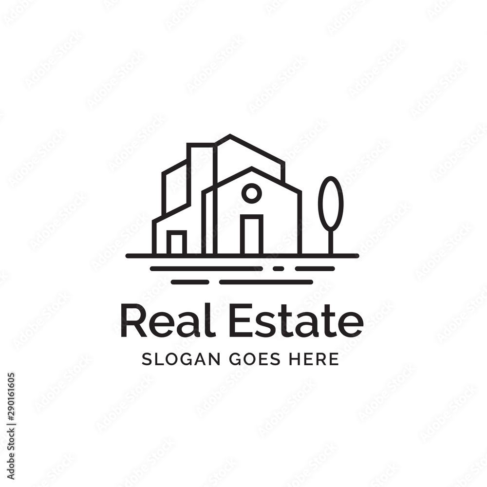 Modern building house with trees line art real estate logo design Modern building house with trees line art real estate logo design