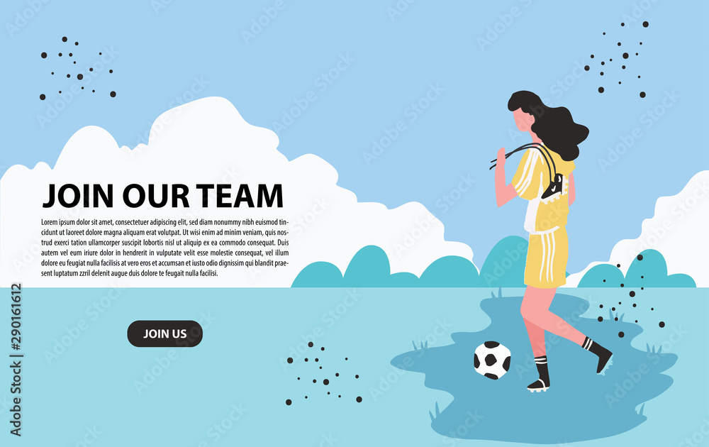 Female Soccer holding a shoe and ball landing page background - vector