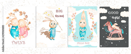 Cute watercolor set bunny birthday greeting cards,posters for baby room, baby shower, kids and baby t-shirts and wear. Hand drawn nursery illustration. Baby pet animal collection