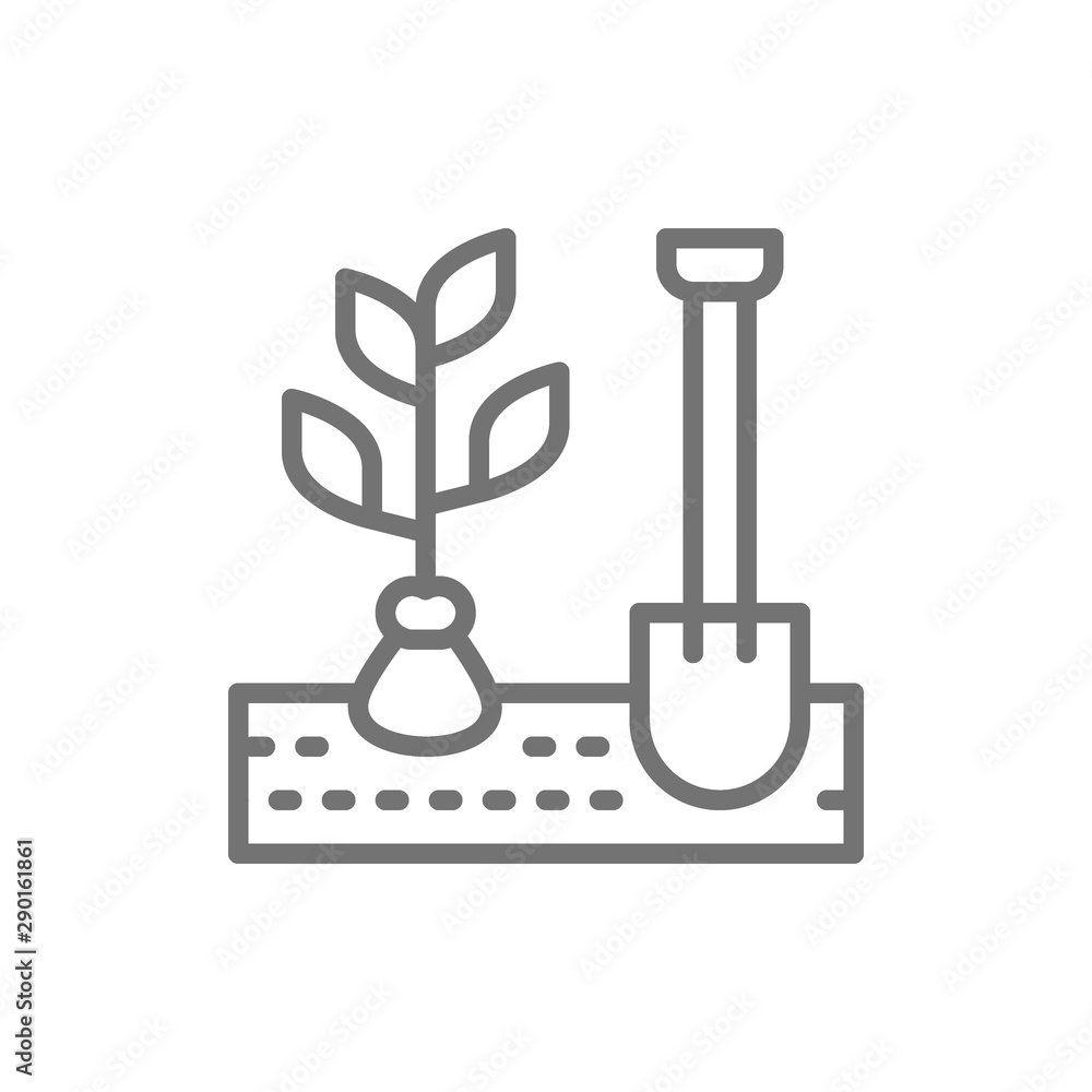 Digging up plants, planting tree, trees with shovel line icon. Digging up plants, planting tree, trees with shovel line icon.
