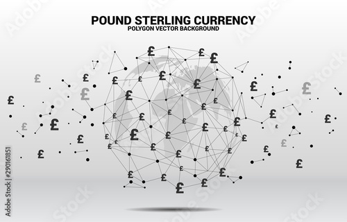 World Globe with money pound sterling currency icon polygon dot connected line. Concept for financial network connection in British.