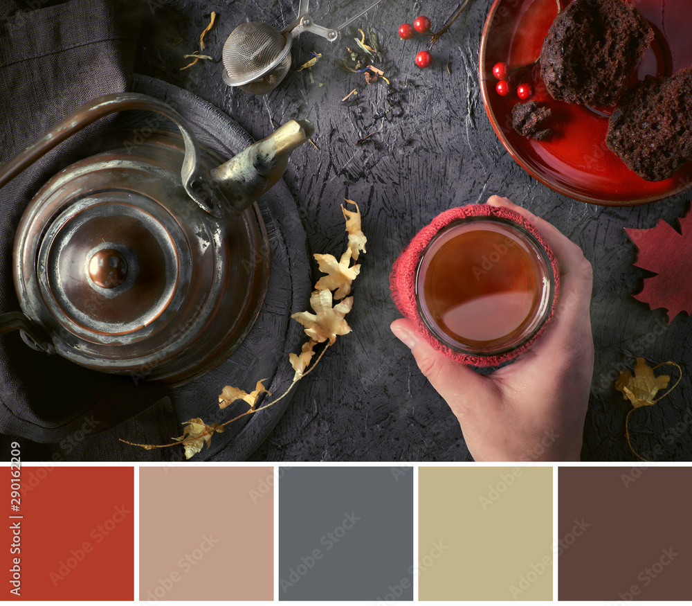 Color matching palette from top view of hot tea and kettle with Autumn leaves in Fall