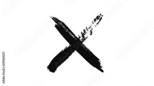 Abstract black cross painted by wide brush strokes on white background, monochrome. Animation. Black X letter, crossed lines, denial concept.