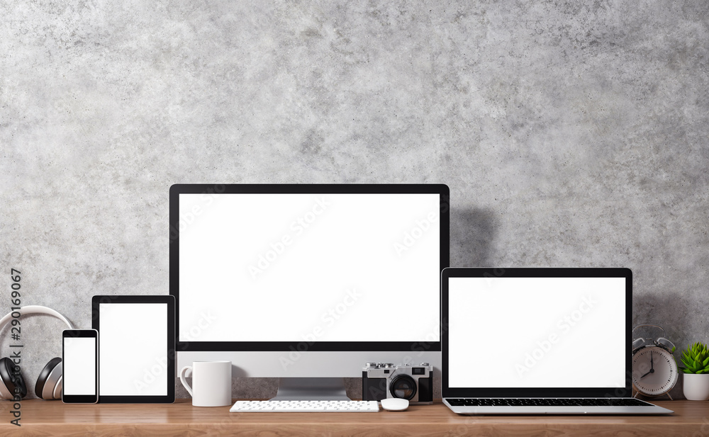Computer desktop, laptop, smart phone with blank screen and other accesories on wood table, workspace mockup design, illustration 3D rendering Computer desktop, laptop, smart phone with blank screen and other accesories on wood table, workspace mockup design, illustration 3D rendering