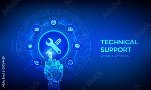 Technical support. Customer help. Tech support. Customer service, Business and technology concept. Robotic hand touching digital interface. Vector illustration.