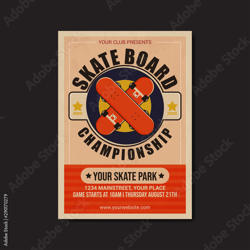 skateboard championship flyer template, simple retro flat design vector