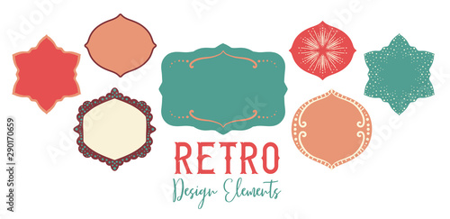 Retro design elements labels and shapes in retro color palette, hand drawn vectors with slight irregularities for authentic style illustraitons. Vintage blank tags and backgrounds for graphic art