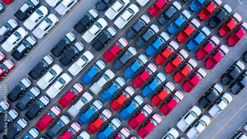 Photos Aerial view car for sale stock lot row, Cars dealership inventory distribution automobile and automotive business