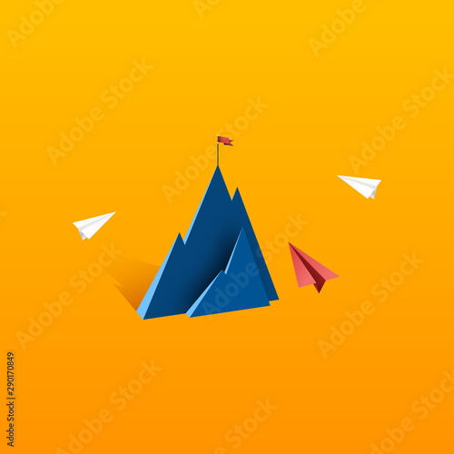 Paper airplane teamwork flying to red flag on the top of mountain.Business leadership and success concept flat design.Vector illustration.