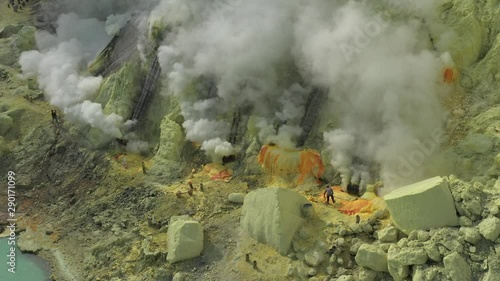 Cinematic aerial view of sulfur mine spewing toxic sulfur gas clouds at the crater of Kawah Ijen volcano, East Java, Indonesia. photo