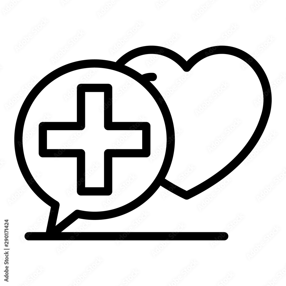 Cross in chat bubble and heart icon. Outline cross in chat bubble and heart vector icon for web design isolated on white background Cross in chat bubble and heart icon. Outline cross in chat bubble and heart vector icon for web design isolated on white background