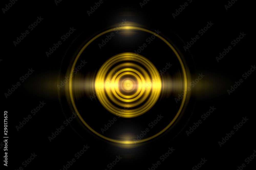 Abstract gold circle ring light effect with sound waves oscillating on black background Abstract gold circle ring light effect with sound waves oscillating on black background