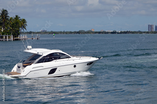 High end cabin cruiser off RivoAlto island in Miami Beach on the Florida Intra-Coastal Waterway
