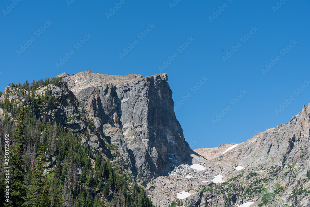 Rocky Mountain National Park low angle landscape of mountain peaks with a bit of snow at Emerald Lake Rocky Mountain National Park low angle landscape of mountain peaks with a bit of snow at Emerald Lake