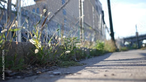 A chain-link fence in a gritty urban area