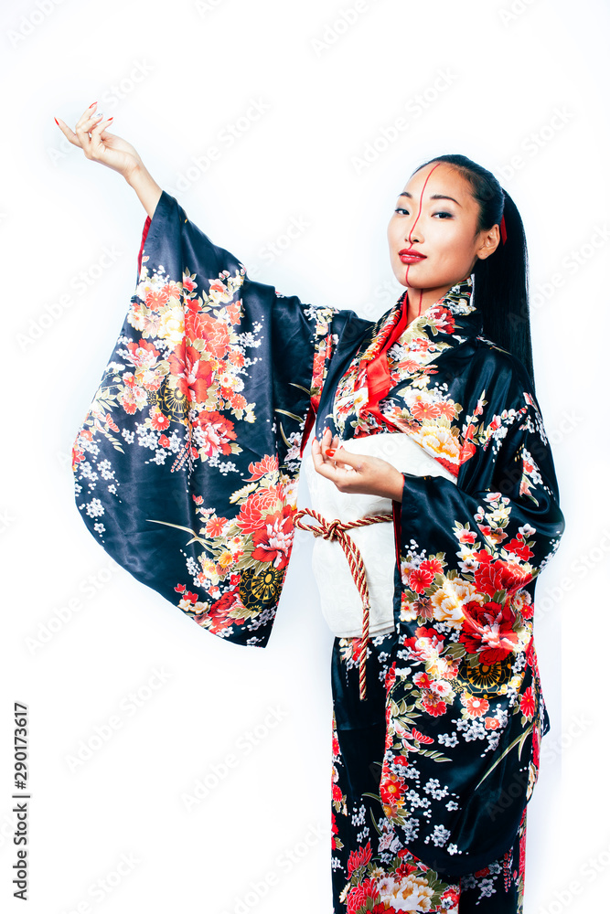 young pretty real geisha in kimono with sakura and decoration on white background isolated young pretty real geisha in kimono with sakura and decoration on white background isolated