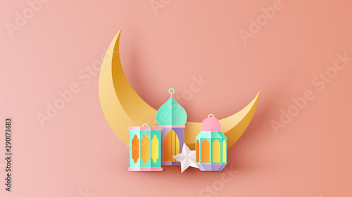 Paper art of Ramadan Kareem crescent moon decorated with star and colorful lanterns. paper cut and craft style. vector, illustration.