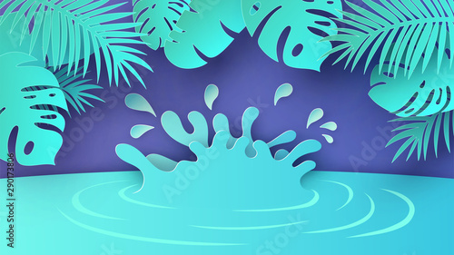 Scenery of natural pond in the tropical forest. Graphic design for tropical forest. paper cut and craft style. vector, illustration.