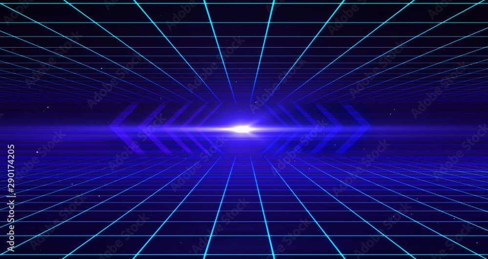 Fototapeta Retro Sci-Fi Background Futuristic Grid landscape of the 80`s. Digital Cyber Surface. Suitable for design in the style of the 1980`s. 3D illustration