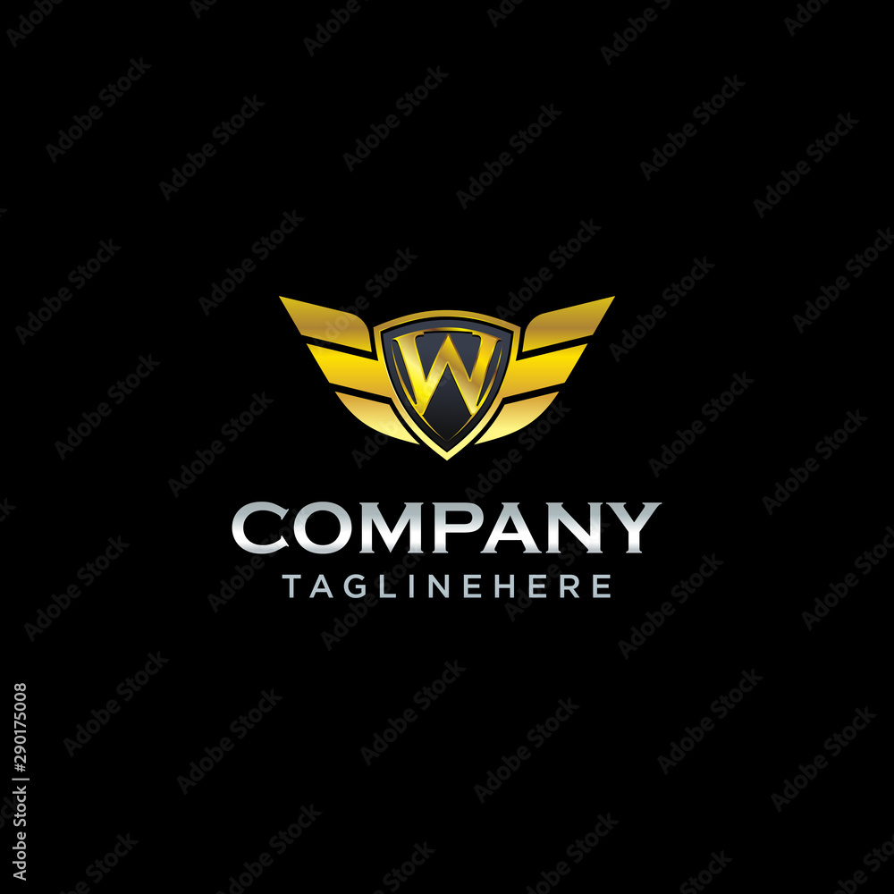letter W shield with wings gold color logo design concept template vector letter W shield with wings gold color logo design concept template vector