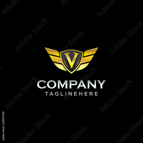 Free Download letter V shield with wings gold color logo design concept template vector - GFXLoad