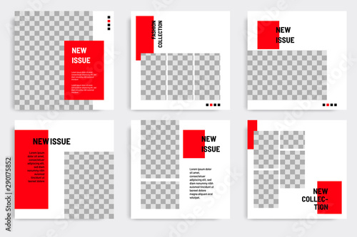 Minimal layout design background vector illustration in black red white frame color. Editable square geometric shape banner template for social media post, stories, story, flyer, look book magazine