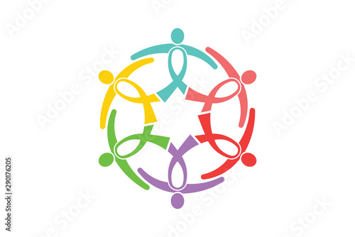 Cancer Awareness Ribbon People Group. People like ribbons in a circle holding together to support. Vector Logo design