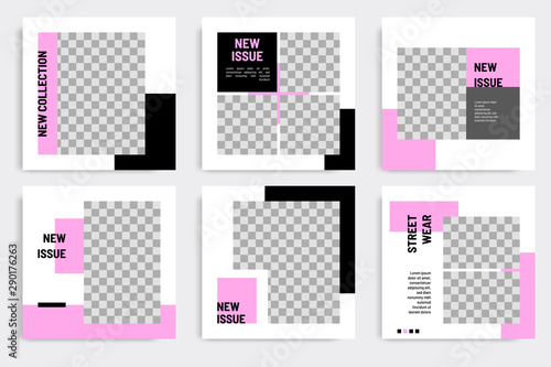 Minimal layout design background vector illustration in black purple white frame color. Editable square geometric shape banner template for social media post, stories, story, flyer, look book magazine