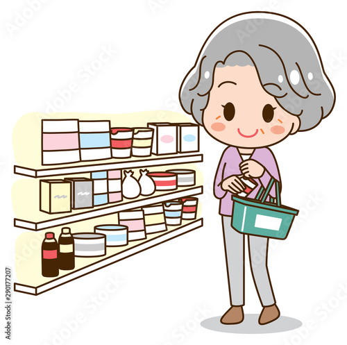 Illustration of senior woman shopping at supermarket