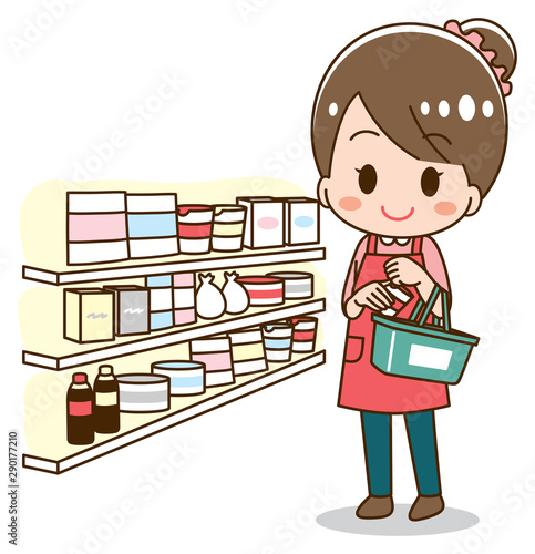 Illustration of a young housewife shopping at the supermarket