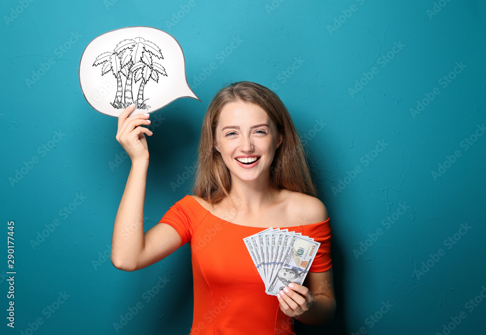 Woman with money dreaming about vacation on color background Woman with money dreaming about vacation on color background