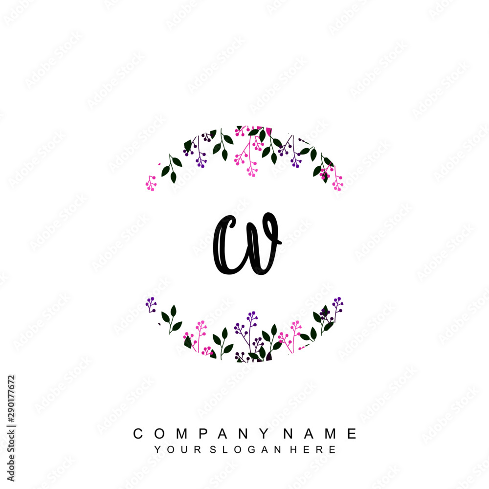 letter CV surrounded by beautiful and elegant flowers and leaves. Wedding monogram logo template. Fashion Logo template Vectors,
