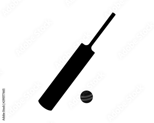 Cricket bat and ball, black silhouette, vector illustration