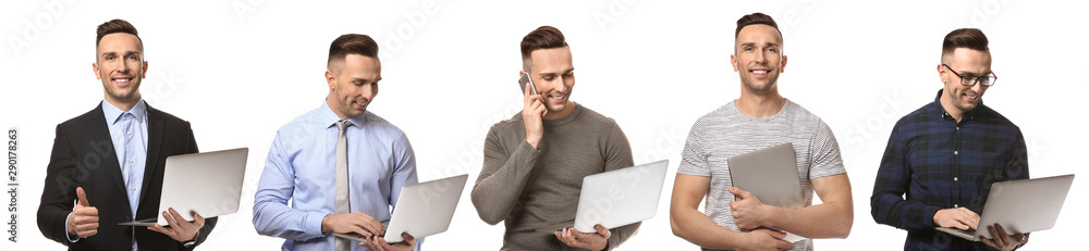 Collage of photos with young man holding laptop on white background Collage of photos with young man holding laptop on white background