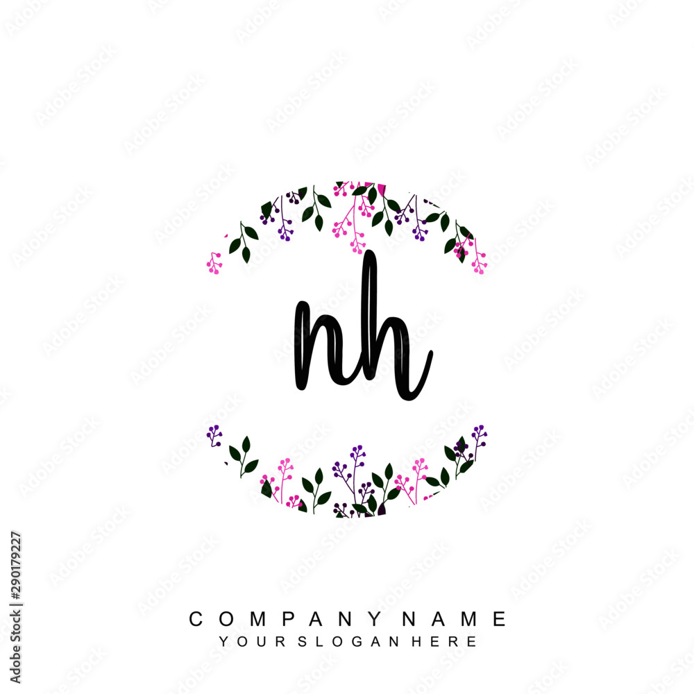 letter NH surrounded by beautiful and elegant flowers and leaves. Wedding monogram logo template. Fashion Logo template Vectors,